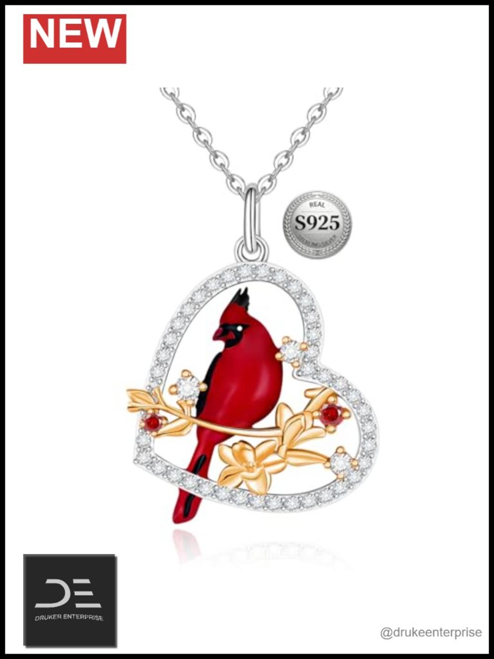 Sterling Silver Cardinal Heart Pendant Necklace with Cubic Zirconia, Bird